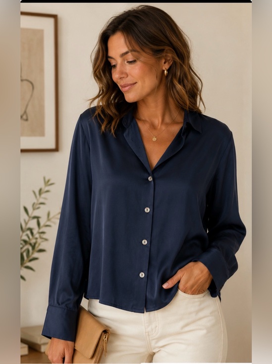 Quince Tops - NWT Quince Washable Mulberry Silk Button Front Blouse Navy Large